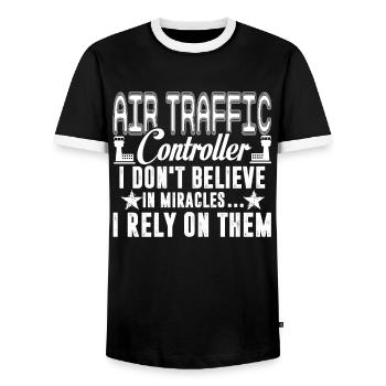 Air Traffic Controller Rely On Miracles - Men's Ringer Shirt - black/white - Front - AI Model Female 172 light (172cm) & AI Model Male 178 light (178cm)