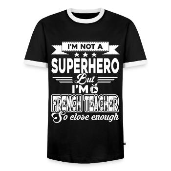 French Teacher I'm Not A Superhero - Men's Ringer Shirt - black/white - Front - AI Model Female 172 light (172cm) & AI Model Male 178 light (178cm)
