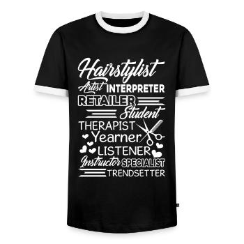 Hair Stylist Hair Stylist Definition - Men's Ringer Shirt - black/white - Front - AI Model Female 172 light (172cm) & AI Model Male 178 light (178cm)