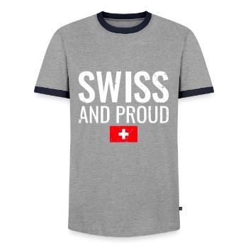 Swiss And Proud Schweiz Schweizerische Flagge - Männer Kontrast-T-Shirt - Grau/Navy  - Vorne - AI Model Female 172 light (172cm) & AI Model Male 178 light (178cm)