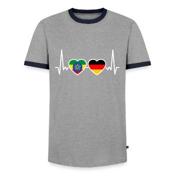 Ethiopia Germany Heartbeat Flag Ethiopian - Men's Ringer Shirt - grey/navy  - Front - AI Model Female 172 light (172cm) & AI Model Male 178 light (178cm)