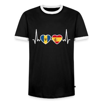 Barbados Spanien Herzschlag Flagge - Männer Kontrast-T-Shirt - Schwarz/Weiß - Vorne - AI Model Female 172 light (172cm) & AI Model Male 178 light (178cm)