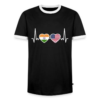 India USA Heartbeat Flag American Indian - Men's Ringer Shirt - black/white - Front - AI Model Female 172 light (172cm) & AI Model Male 178 light (178cm)