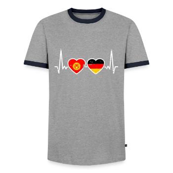 Kirgisistan Deutschland Vintage Herzschlag Flagge - Männer Kontrast-T-Shirt - Grau/Navy  - Vorne - AI Model Female 172 light (172cm) & AI Model Male 178 light (178cm)