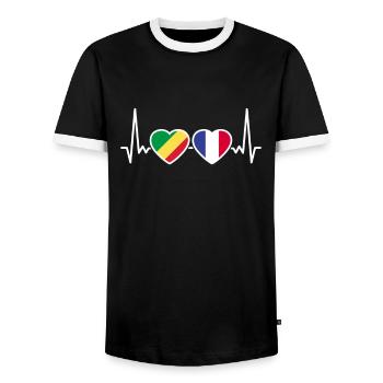 Republik Kongo Frankreich Herzschlag Flagge - Männer Kontrast-T-Shirt - Schwarz/Weiß - Vorne - AI Model Female 172 light (172cm) & AI Model Male 178 light (178cm)