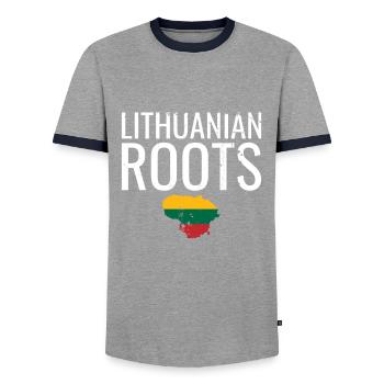Lithuanian Roots Vintage Map Lithuania Flag - Men's Ringer Shirt - grey/navy  - Front - AI Model Female 172 light (172cm) & AI Model Male 178 light (178cm)