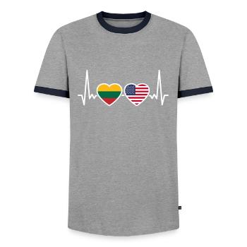 Lithuania USA Heartbeat Flag Lithuanian - Men's Ringer Shirt - grey/navy  - Front - AI Model Female 172 light (172cm) & AI Model Male 178 light (178cm)