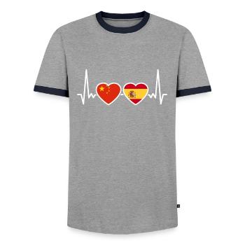 China Spain Heartbeat Flag Spanish Chinese - Men's Ringer Shirt - grey/navy  - Front - AI Model Female 172 light (172cm) & AI Model Male 178 light (178cm)