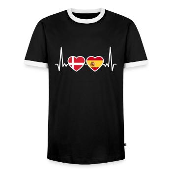 Denmark Spain Heartbeat Flag Spanish Dane - Men's Ringer Shirt - black/white - Front - AI Model Female 172 light (172cm) & AI Model Male 178 light (178cm)