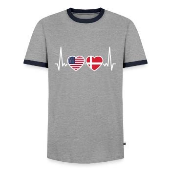 Denmark USA Heartbeat Flag Danish - Men's Ringer Shirt - grey/navy  - Front - AI Model Female 172 light (172cm) & AI Model Male 178 light (178cm)