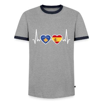 Kosovo Spain Heartbeat Flag Spanish Kosovars - Men's Ringer Shirt - grey/navy  - Front - AI Model Female 172 light (172cm) & AI Model Male 178 light (178cm)