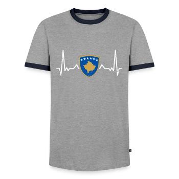 Kosovo Vintage Heartbeat Coat of Arms Flag Kosovar - Men's Ringer Shirt - grey/navy  - Front - AI Model Female 172 light (172cm) & AI Model Male 178 light (178cm)