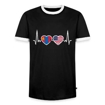 Mongolia USA Vintage Heartbeat Flag Mongolian - Men's Ringer Shirt - black/white - Front - AI Model Female 172 light (172cm) & AI Model Male 178 light (178cm)