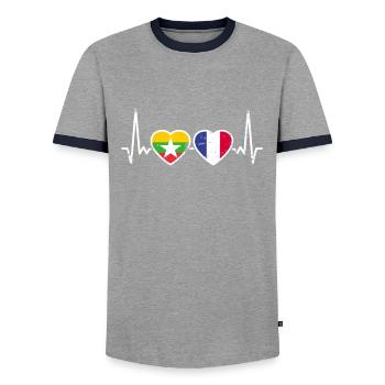 Myanmar France Vintage Heartbeat Flag - Men's Ringer Shirt - grey/navy  - Front - AI Model Female 172 light (172cm) & AI Model Male 178 light (178cm)