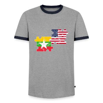 Myanmar USA Flag American Myanmare - Men's Ringer Shirt - grey/navy  - Front - AI Model Female 172 light (172cm) & AI Model Male 178 light (178cm)