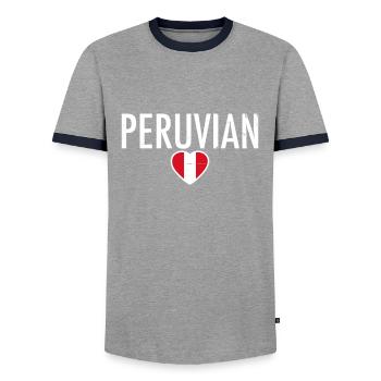 Peruvian Peru Heart Vintage Peruvian Flag - Men's Ringer Shirt - grey/navy  - Front - AI Model Female 172 light (172cm) & AI Model Male 178 light (178cm)