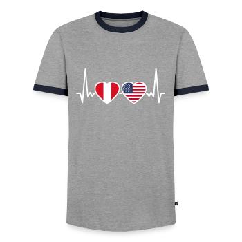 Peru USA Heartbeat Flag American Peruvian - Men's Ringer Shirt - grey/navy  - Front - AI Model Female 172 light (172cm) & AI Model Male 178 light (178cm)