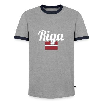 Riga Lettonie Drapeau letton Letton - T-shirt contrasté Homme - gris/marine  - Devant - AI Model Female 172 light (172cm) & AI Model Male 178 light (178cm)