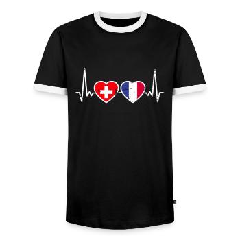 Schweiz Frankreich Vintage Herzschlag Flagge - Männer Kontrast-T-Shirt - Schwarz/Weiß - Vorne - AI Model Female 172 light (172cm) & AI Model Male 178 light (178cm)
