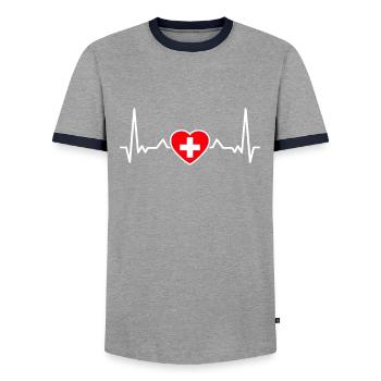 Schweiz Herzschlag Schweizerische Flagge Schweizer - Männer Kontrast-T-Shirt - Grau/Navy  - Vorne - AI Model Female 172 light (172cm) & AI Model Male 178 light (178cm)