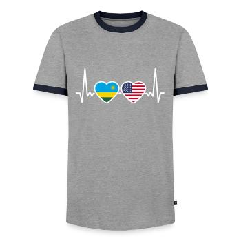 Rwanda USA Herzschlag Flagge Amerikanisch - Männer Kontrast-T-Shirt - Grau/Navy  - Vorne - AI Model Female 172 light (172cm) & AI Model Male 178 light (178cm)