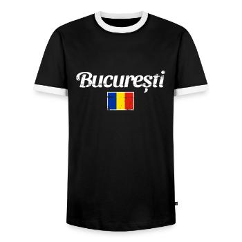 Bucuresti Romania Vintage Romanian Flag - Men's Ringer Shirt - black/white - Front - AI Model Female 172 light (172cm) & AI Model Male 178 light (178cm)