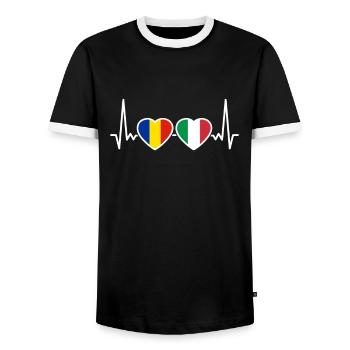 Romania Italy Heartbeat Flag Romanian - Men's Ringer Shirt - black/white - Front - AI Model Female 172 light (172cm) & AI Model Male 178 light (178cm)