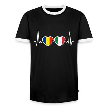 Romania Italy Vintage Heartbeat Flag Romanian - Men's Ringer Shirt - black/white - Front - AI Model Female 172 light (172cm) & AI Model Male 178 light (178cm)
