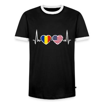 Romania USA Vintage Heartbeat Flag Romanian - Men's Ringer Shirt - black/white - Front - AI Model Female 172 light (172cm) & AI Model Male 178 light (178cm)