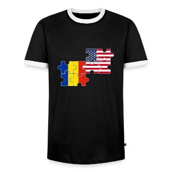 Romania, USA, Flag, American, Romanian - Men's Ringer Shirt - black/white - Front - AI Model Female 172 light (172cm) & AI Model Male 178 light (178cm)
