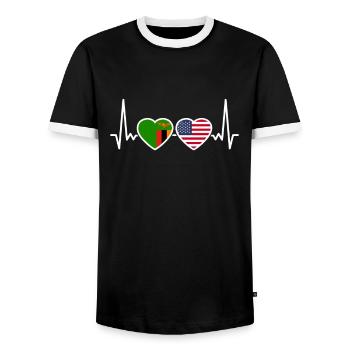 Zambia, USA, Heartbeat, Flag, American, Zambian - Men's Ringer Shirt - black/white - Front - AI Model Female 172 light (172cm) & AI Model Male 178 light (178cm)