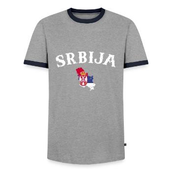 Srbija Vintage Map Serbia Serbian Flag - Men's Ringer Shirt - grey/navy  - Front - AI Model Female 172 light (172cm) & AI Model Male 178 light (178cm)