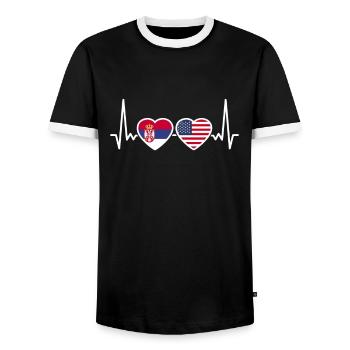 Serbia USA Heartbeat Flag American Serb - Men's Ringer Shirt - black/white - Front - AI Model Female 172 light (172cm) & AI Model Male 178 light (178cm)