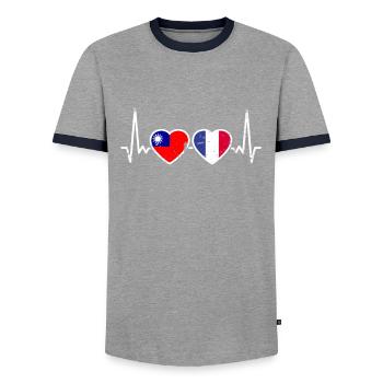 Taiwan France Vintage Heartbeat Flag - Men's Ringer Shirt - grey/navy  - Front - AI Model Female 172 light (172cm) & AI Model Male 178 light (178cm)