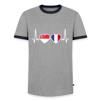 Singapur Frankreich Herzschlag Flagge Singapurer - Männer Kontrast-T-Shirt - Grau/Navy  - Vorne - AI Model Female 172 light (172cm) & AI Model Male 178 light (178cm)