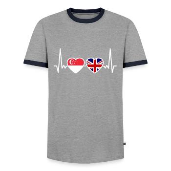 Singapur UK Herzschlag Flagge Singapurisch - Männer Kontrast-T-Shirt - Grau/Navy  - Vorne - AI Model Female 172 light (172cm) & AI Model Male 178 light (178cm)