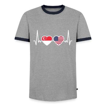Singapur USA Herzschlag Flagge Singapurer - Männer Kontrast-T-Shirt - Grau/Navy  - Vorne - AI Model Female 172 light (172cm) & AI Model Male 178 light (178cm)