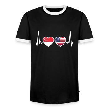Singapour USA Heartbeat Flag Singapourien - T-shirt contrasté Homme - noir/blanc - Devant - AI Model Female 172 light (172cm) & AI Model Male 178 light (178cm)