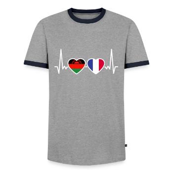 Malawi France Heartbeat Flag French - Men's Ringer Shirt - grey/navy  - Front - AI Model Female 172 light (172cm) & AI Model Male 178 light (178cm)