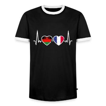 Malawi France Vintage Heartbeat Flag - Men's Ringer Shirt - black/white - Front - AI Model Female 172 light (172cm) & AI Model Male 178 light (178cm)