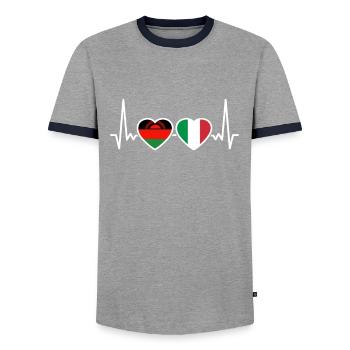 Malawi Italy Heartbeat Flag Malawian - Men's Ringer Shirt - grey/navy  - Front - AI Model Female 172 light (172cm) & AI Model Male 178 light (178cm)