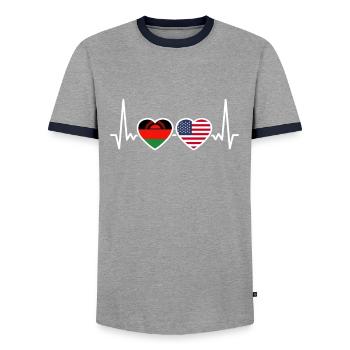 Malawi USA Heartbeat Flag American Malawians - Men's Ringer Shirt - grey/navy  - Front - AI Model Female 172 light (172cm) & AI Model Male 178 light (178cm)