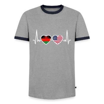 Malawi USA Vintage Heartbeat Flag Malawian - Men's Ringer Shirt - grey/navy  - Front - AI Model Female 172 light (172cm) & AI Model Male 178 light (178cm)