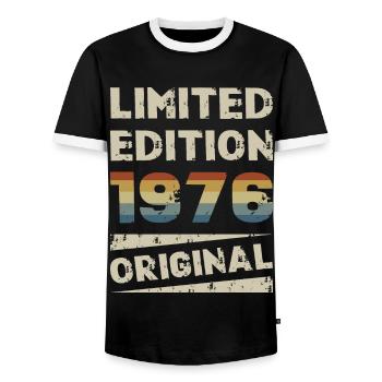 Limited Edition Birthday Party Vintage 1976 - Men's Ringer Shirt - black/white - Front - AI Model Female 172 light (172cm) & AI Model Male 178 light (178cm)