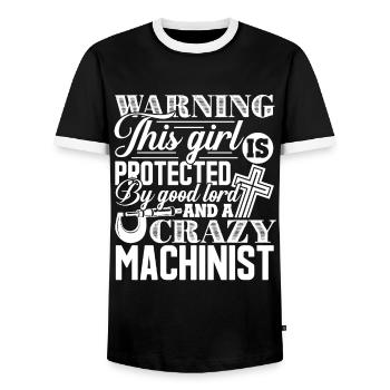 Machinist Protected By A Crazy Machinist - Men's Ringer Shirt - black/white - Front - AI Model Female 172 light (172cm) & AI Model Male 178 light (178cm)