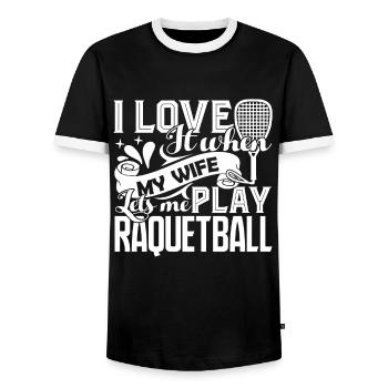Racquetball Lets Me Play Racquetball - Men's Ringer Shirt - black/white - Front - AI Model Female 172 light (172cm) & AI Model Male 178 light (178cm)