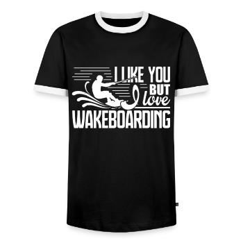 Wakeboarding I Like You But I Love Wakeboarding - Men's Ringer Shirt - black/white - Front - AI Model Female 172 light (172cm) & AI Model Male 178 light (178cm)