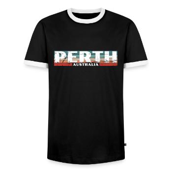 Perth Australia Retro Vintage Australian - Men's Ringer Shirt - black/white - Front - AI Model Female 172 light (172cm) & AI Model Male 178 light (178cm)