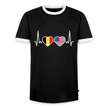 Belgium USA Heartbeat Flag Belgian American - Men's Ringer Shirt - black/white - Front - AI Model Female 172 light (172cm) & AI Model Male 178 light (178cm)