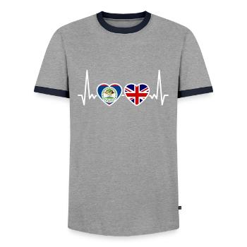 Belize UK Heartbeat British Belizean Flag - Men's Ringer Shirt - grey/navy  - Front - AI Model Female 172 light (172cm) & AI Model Male 178 light (178cm)